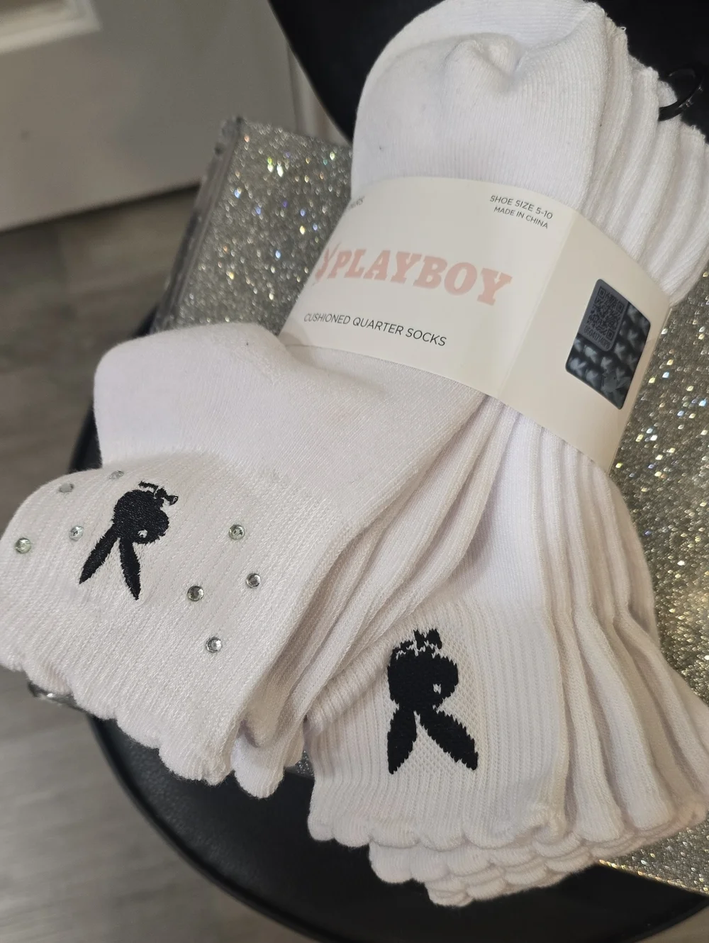 Playboy Bunny Rhinestone Logo Cushioned Ruffled Quarter Socks - 5-Pack